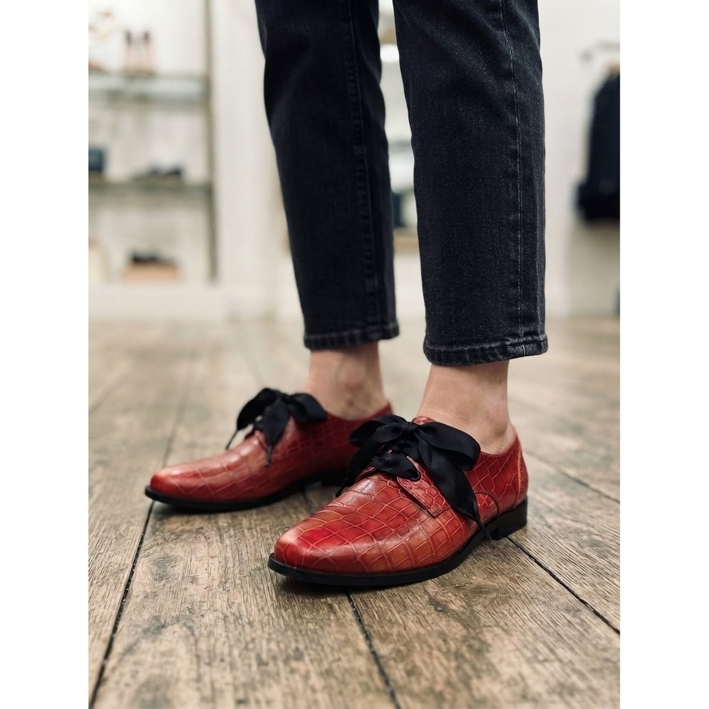 Cole Haan Red Croc Embossed Leather Ribbon Lace Oxfords D40835 Womens 7B